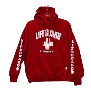 Lifeguard Mens Graphic Sweatshirt XL Red White Spellout Myrtle Beach SC Hoodie